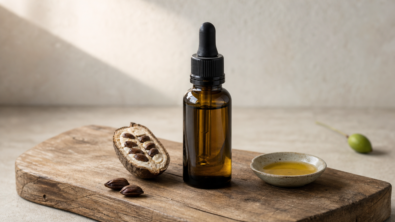 Dark glass dropper bottle of golden oil beside seeds, kernels, and a small dish of oil.