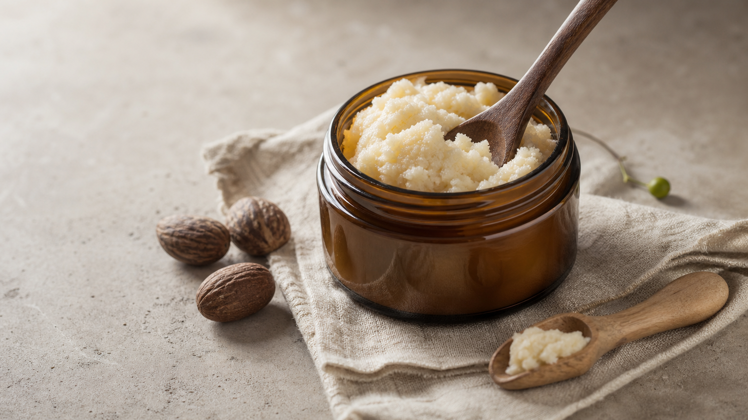 Open jar of ivory shea butter with a wooden spoon and raw shea nuts.