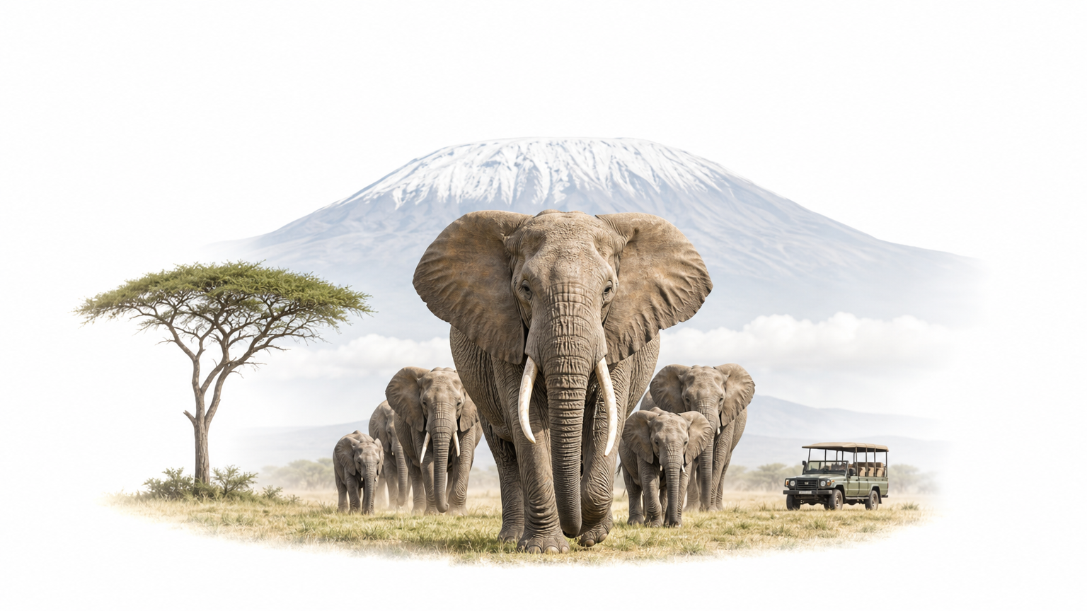 Elephants walking across flat plains with Kilimanjaro rising behind them and a safari vehicle in the distance.