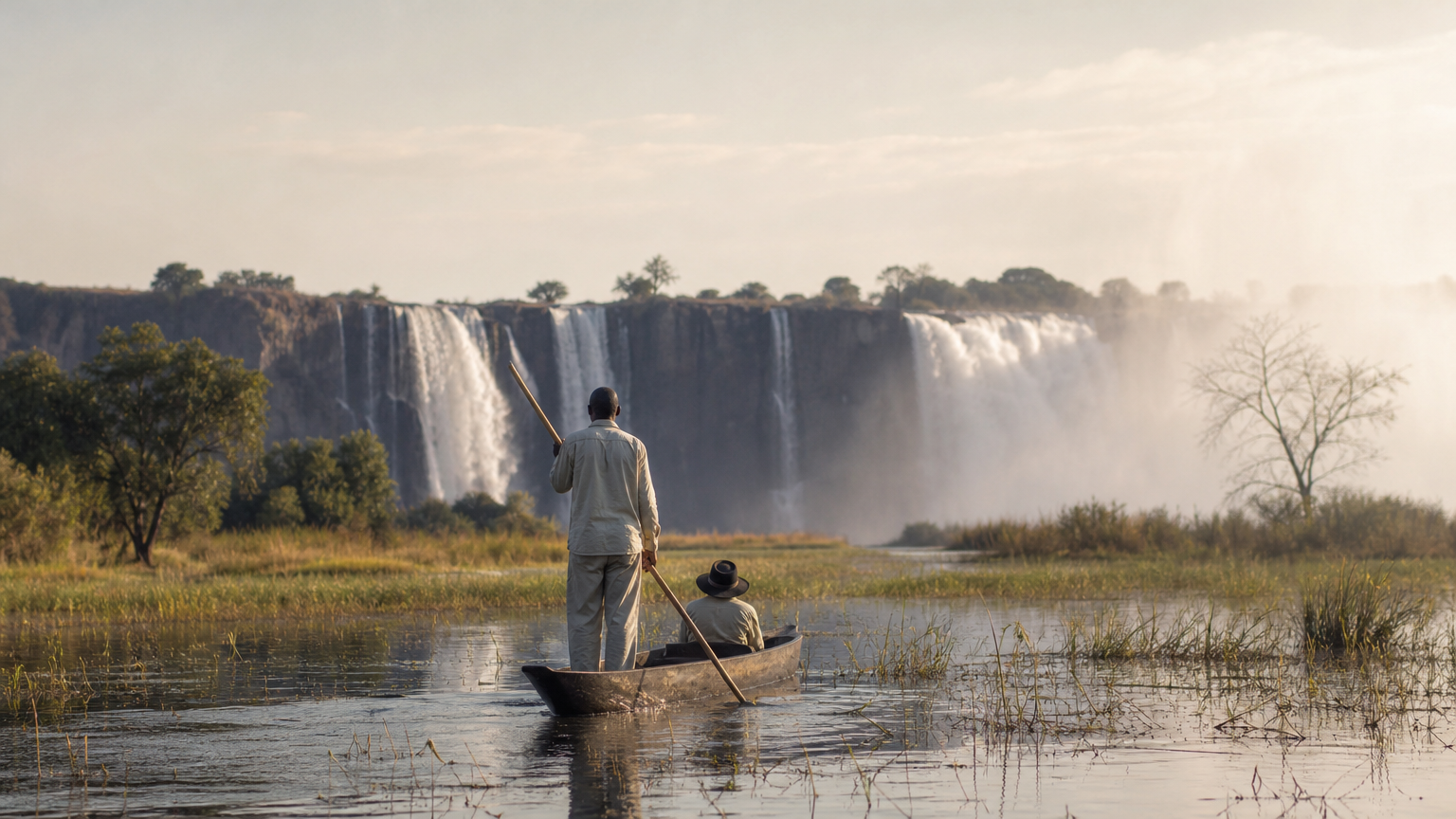 Victoria Falls in full flow beside a mokoro gliding through a flooded Okavango channel.