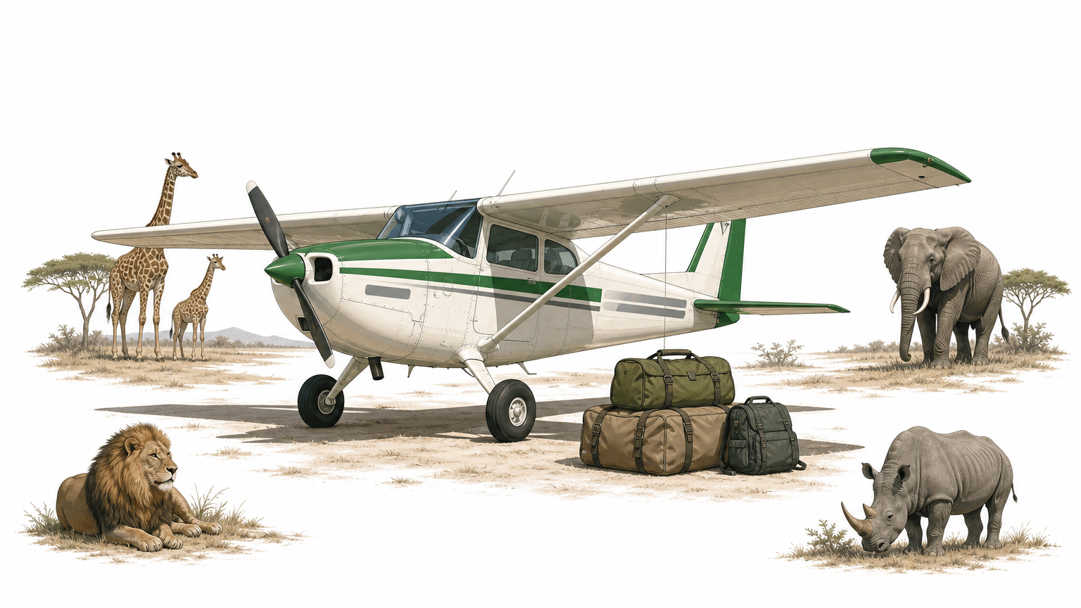 A small propeller plane on a bush airstrip with soft bags stacked beside it and giraffes behind.