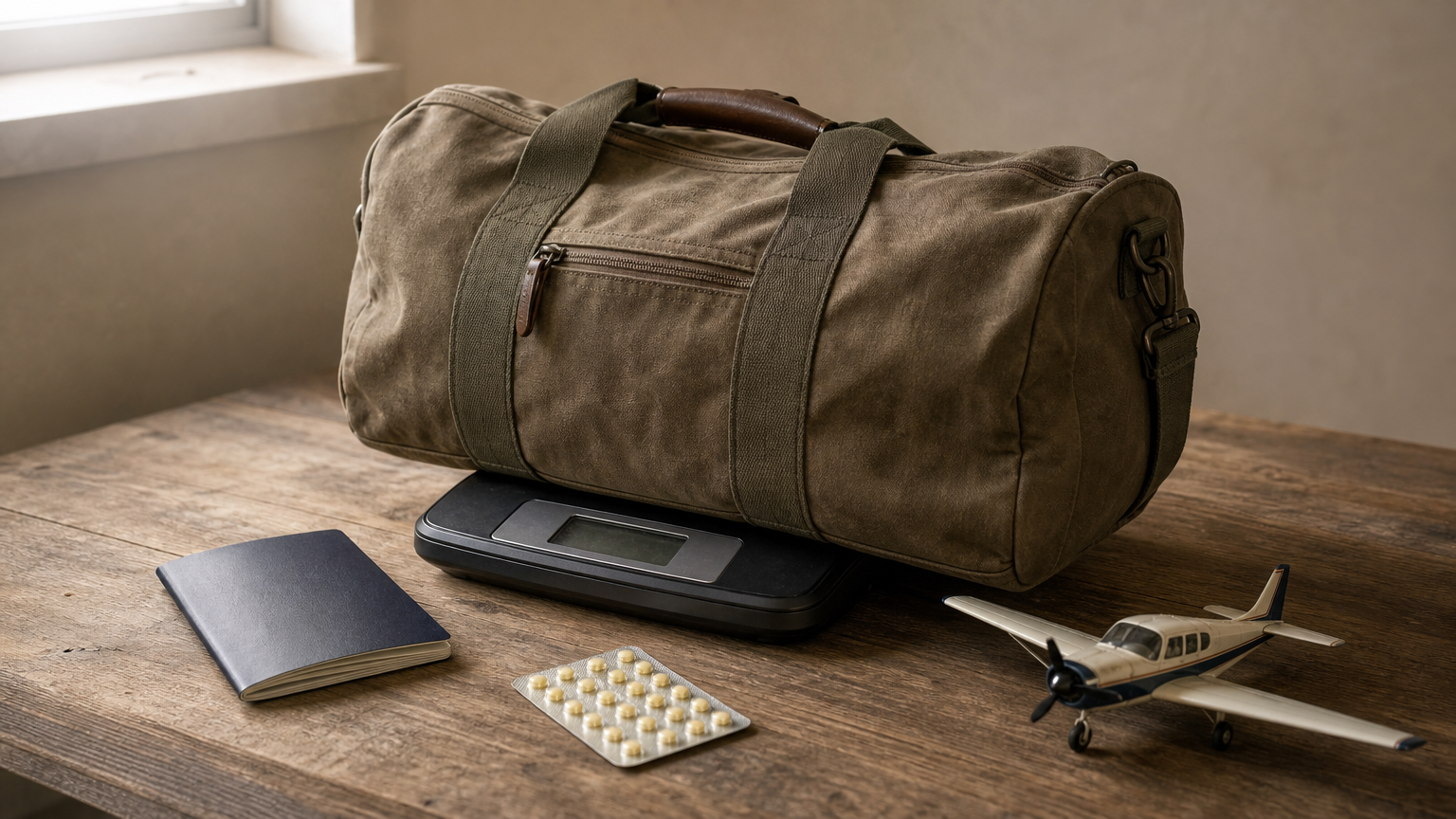 A duffel bag on a scale with a passport, malaria pills, and a toy light aircraft.