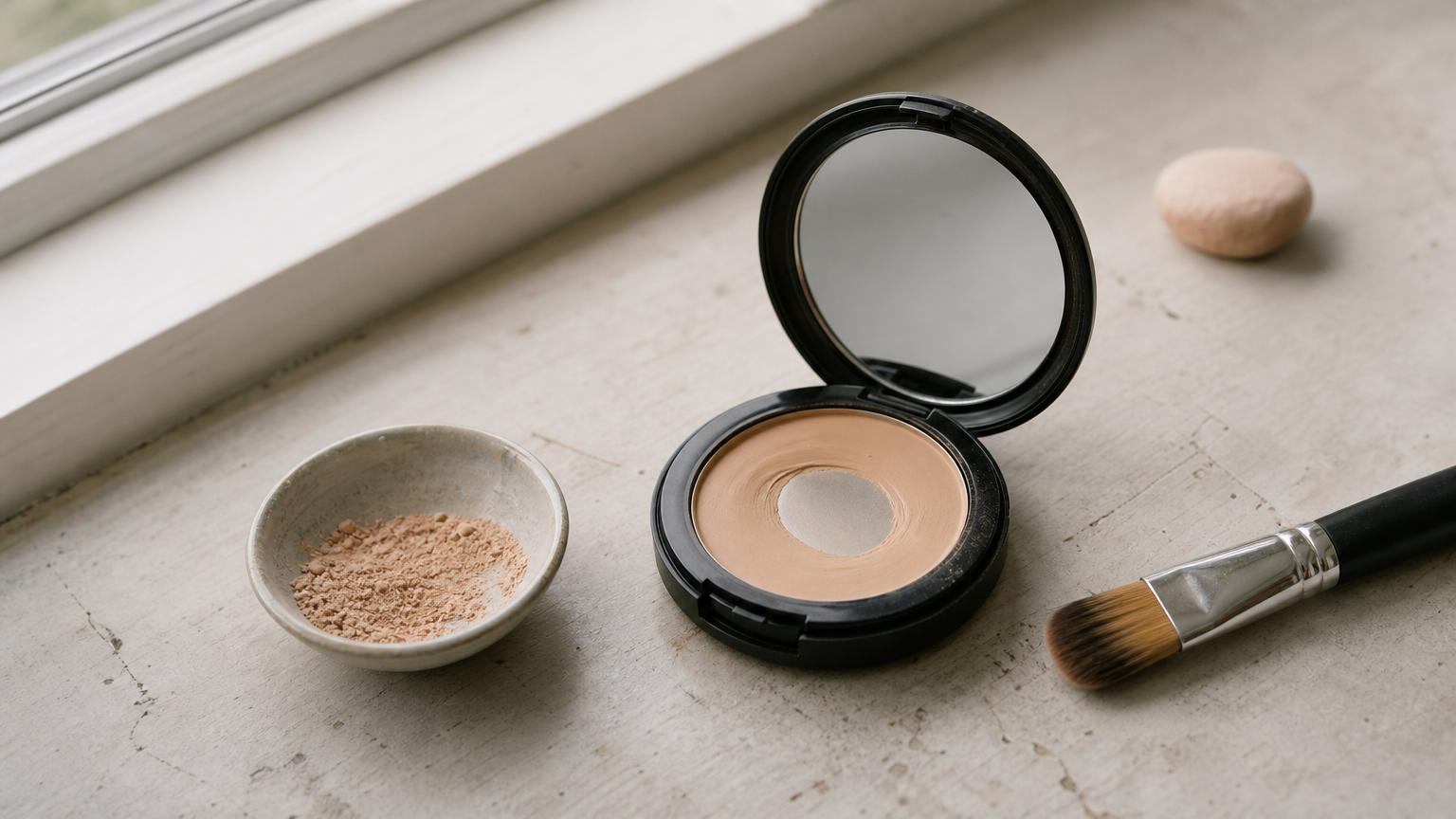 Open foundation compact with a brush and a dish of mineral powder on a work table.