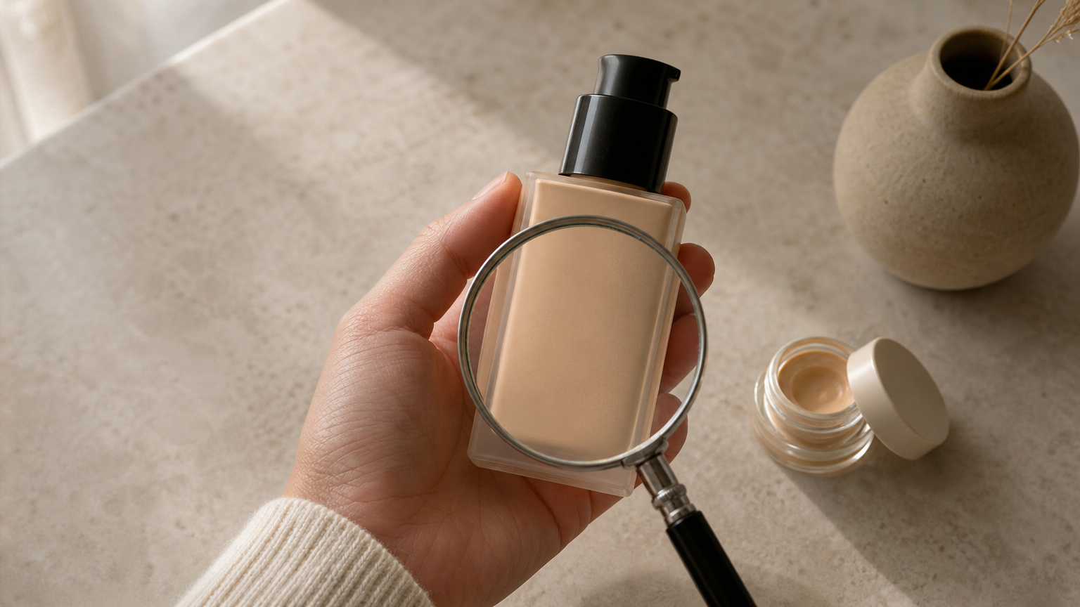 A hand holding a foundation bottle while a magnifying glass examines its back label.