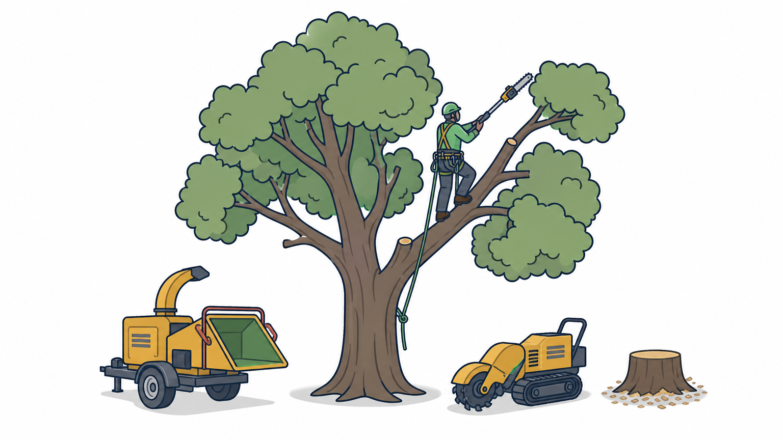 Arborist in a harness pruning a large maple with a chipper and stump grinder on the lawn below.