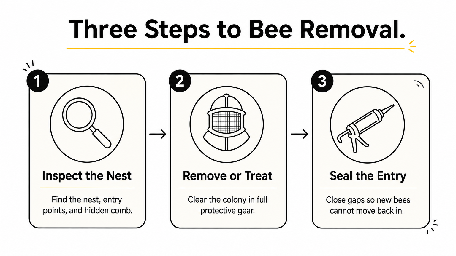 Three-step process infographic showing inspect, remove or treat, and seal for bee removal.