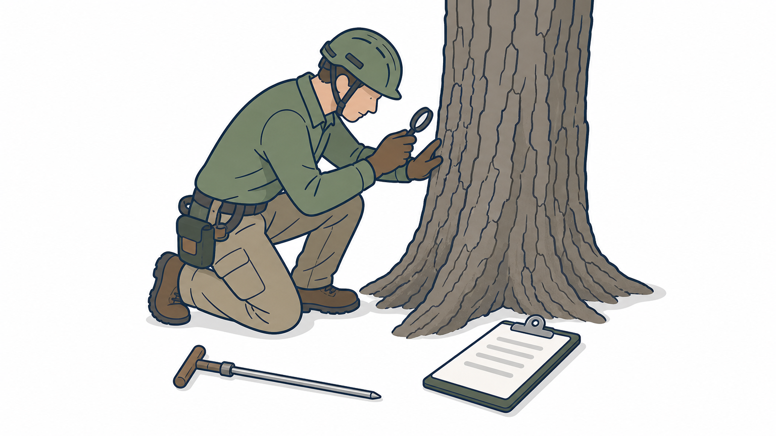 Arborist kneeling beside an oak trunk, inspecting the bark with a hand lens, with a probe and clipboard nearby.