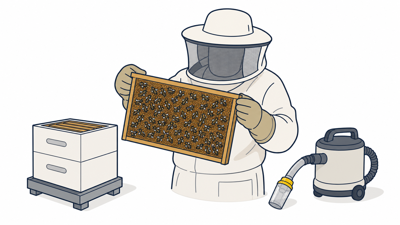 Beekeeper in a veil holds a hive frame covered in bees beside a hive box.