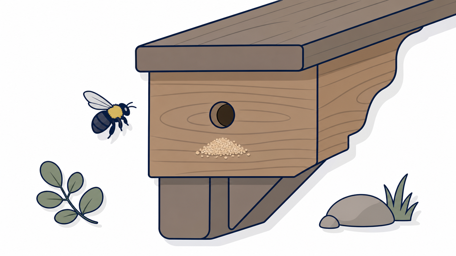 Round carpenter bee hole in a wooden eave with sawdust below and a bee hovering.
