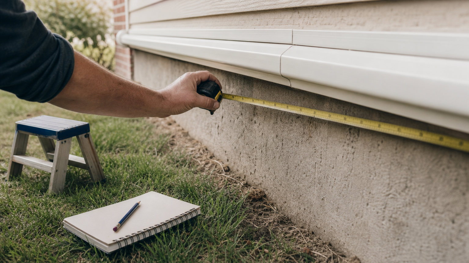 A tape measure stretched along a home foundation beside a notepad, pencil, and small ladder.