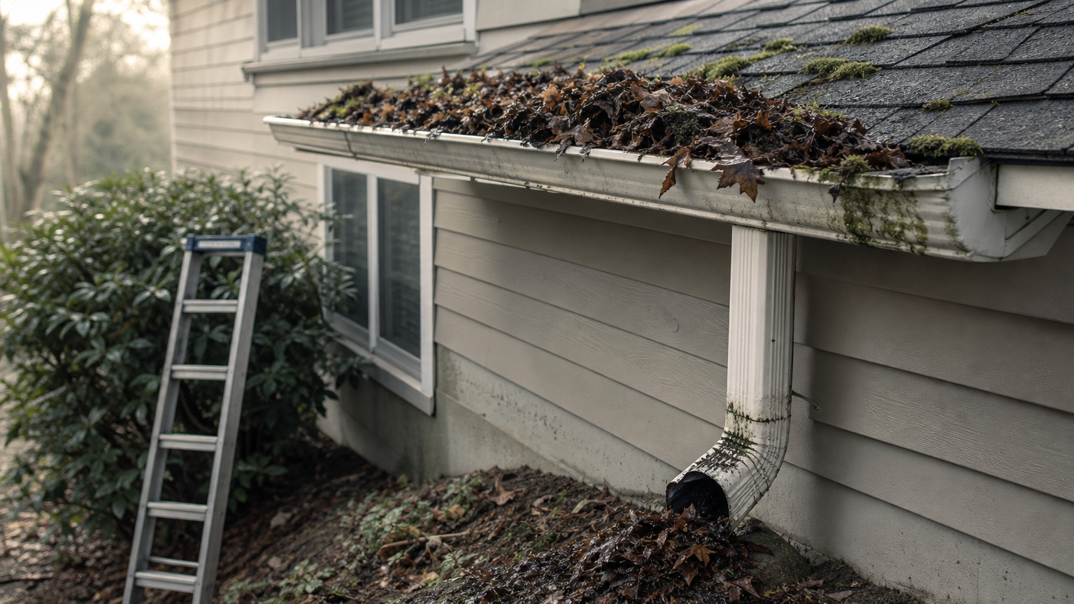 A clogged gutter full of wet leaves and moss with a ladder and blocked downspout nearby.