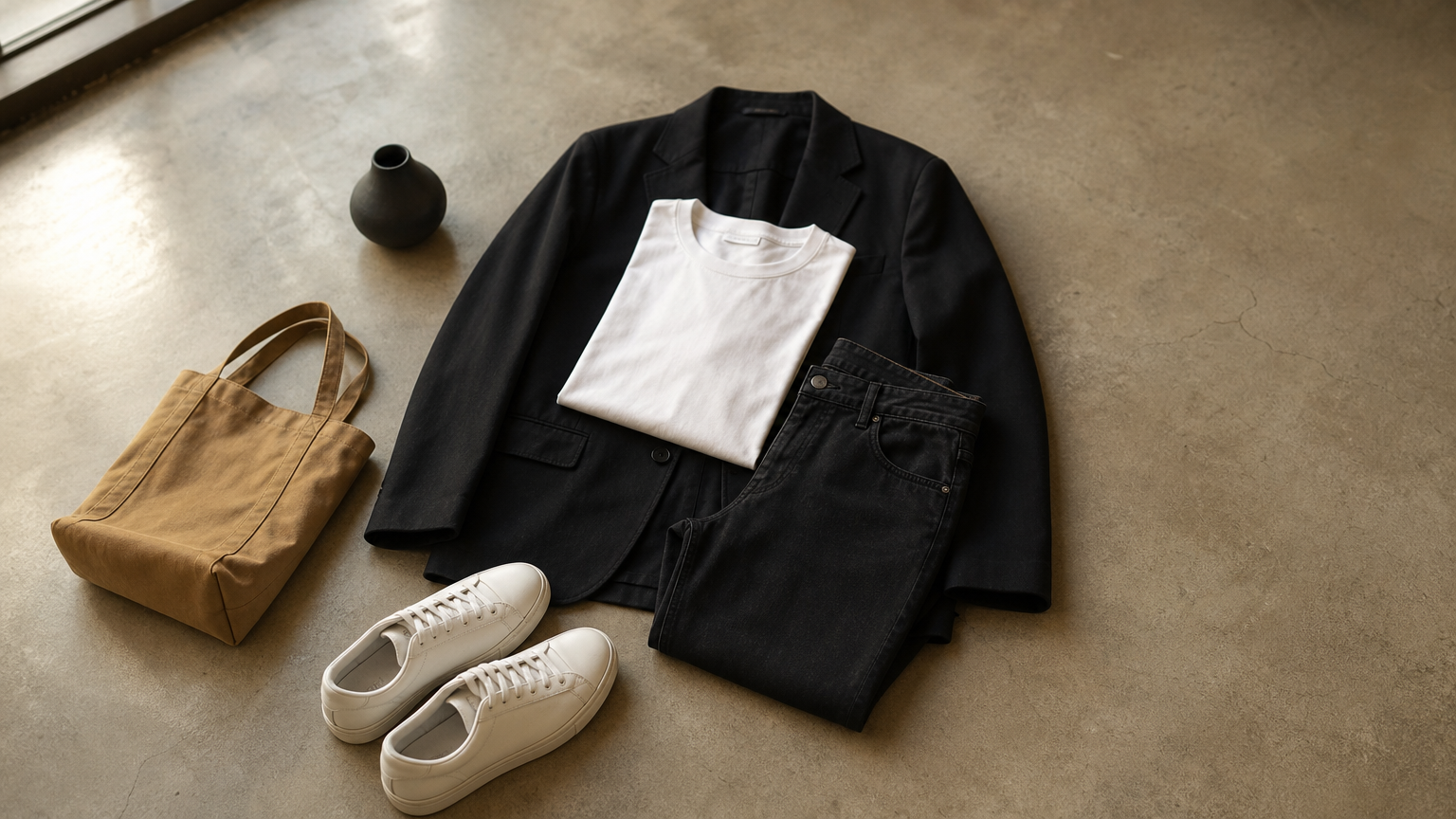 Flat lay of a white tee, black blazer, black jeans, white sneakers and tan tote.