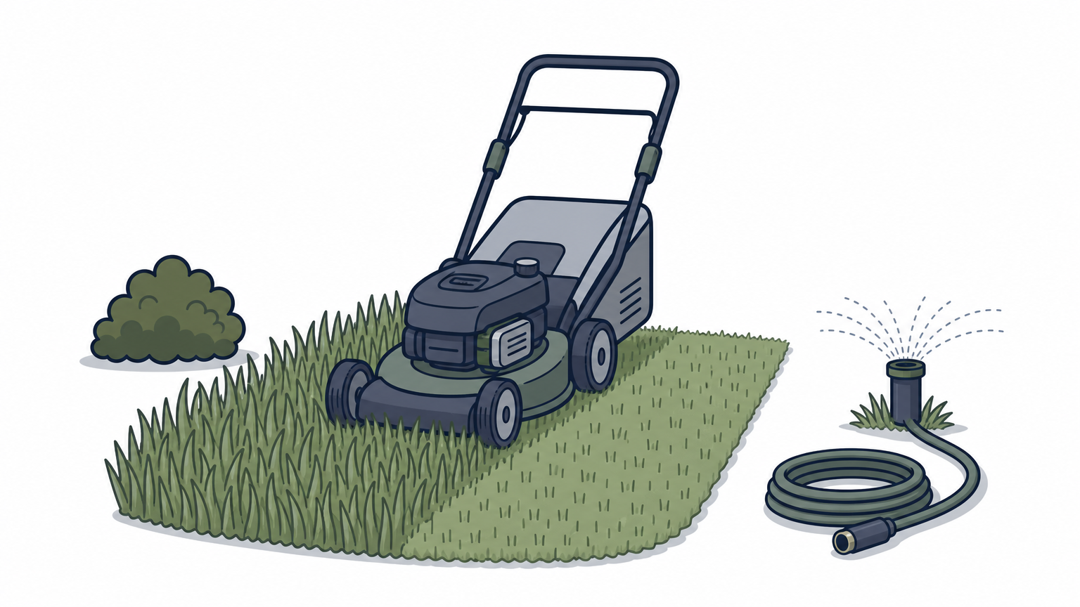 A lawn half tall and half freshly mowed with a push mower, hose, and sprinkler head nearby.