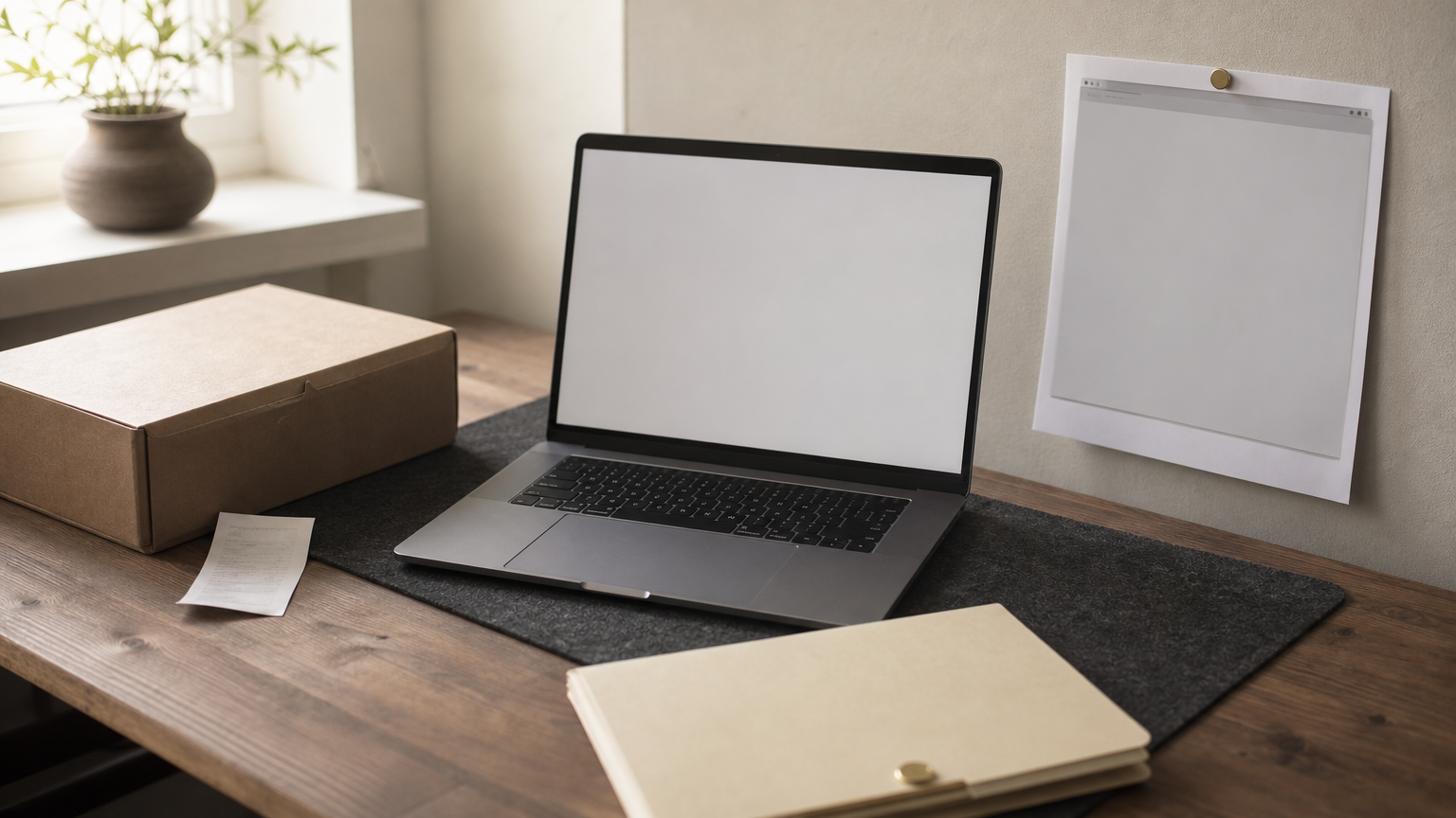 Desk with laptop, printed screenshot, purchased product box with receipt, and an evidence folder.