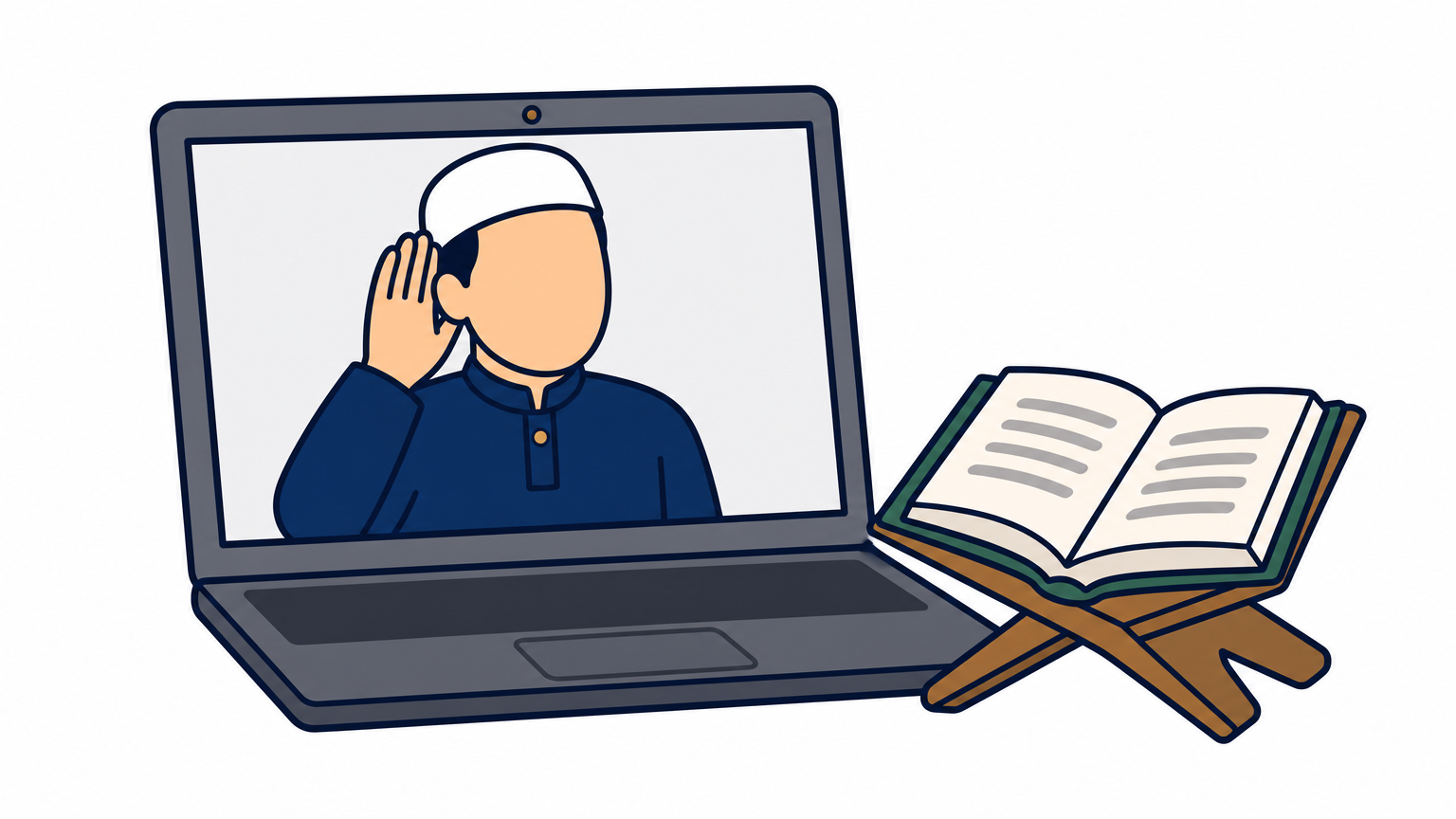 A laptop showing a video lesson with a teacher listening, next to an open Quran on a stand.