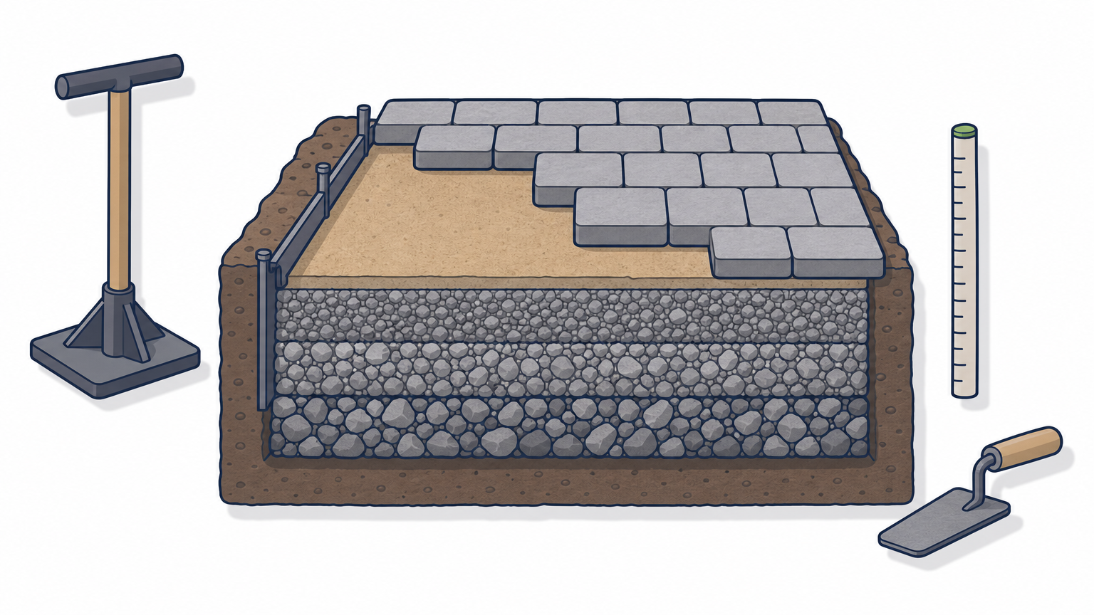 Cutaway of a driveway showing compacted gravel layers under partly laid pavers with a tamper and measuring stick.
