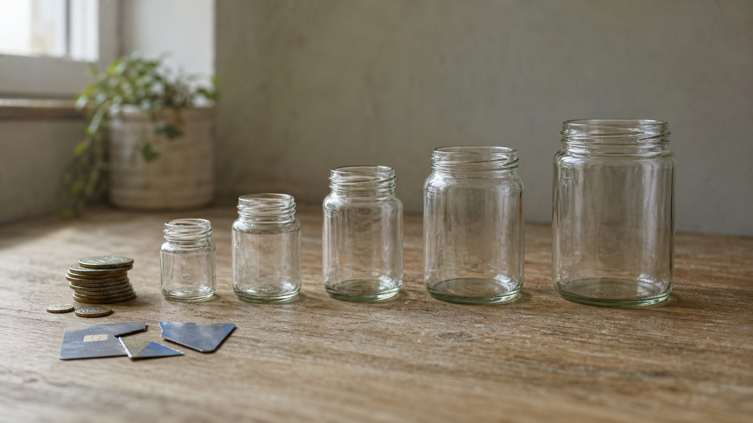 Five jars lined up smallest to largest with coins beside the smallest and a cut-up credit card.