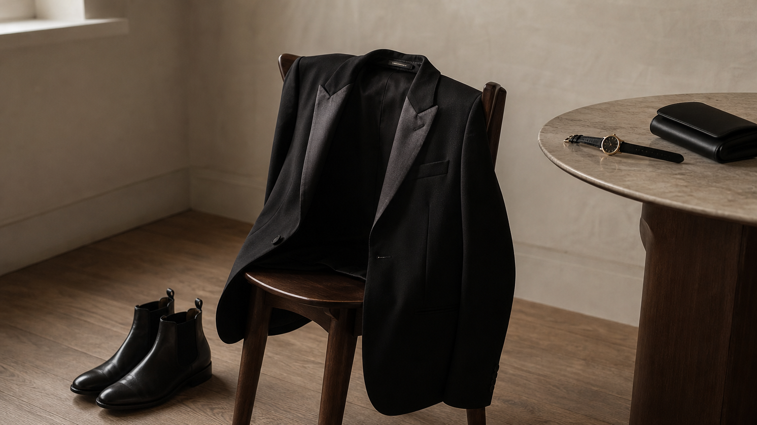 Black blazer on a chair with Chelsea boots, a watch and a clutch nearby.