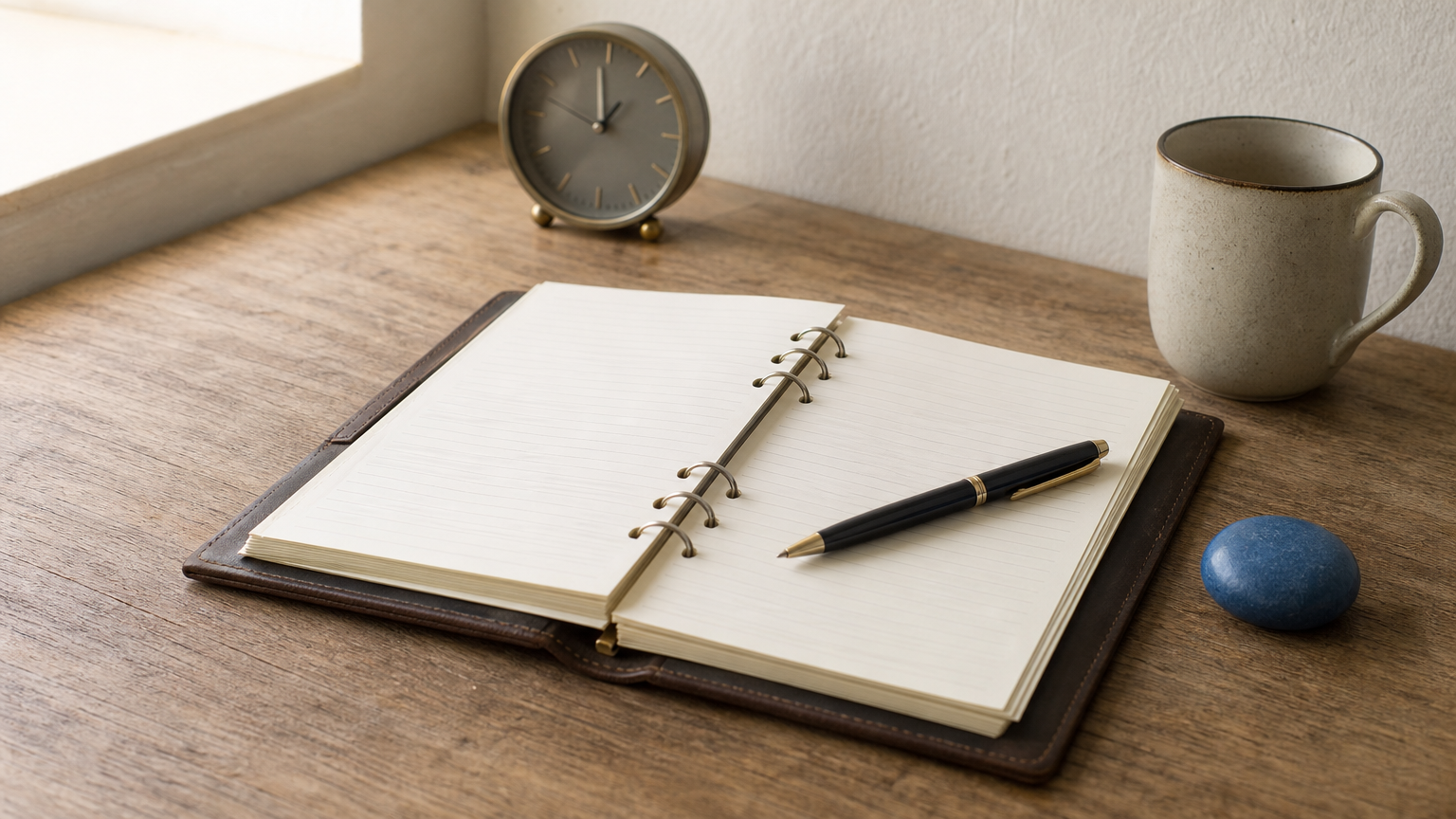 Open notebook with a pen beside a wall clock and a mug on a desk.