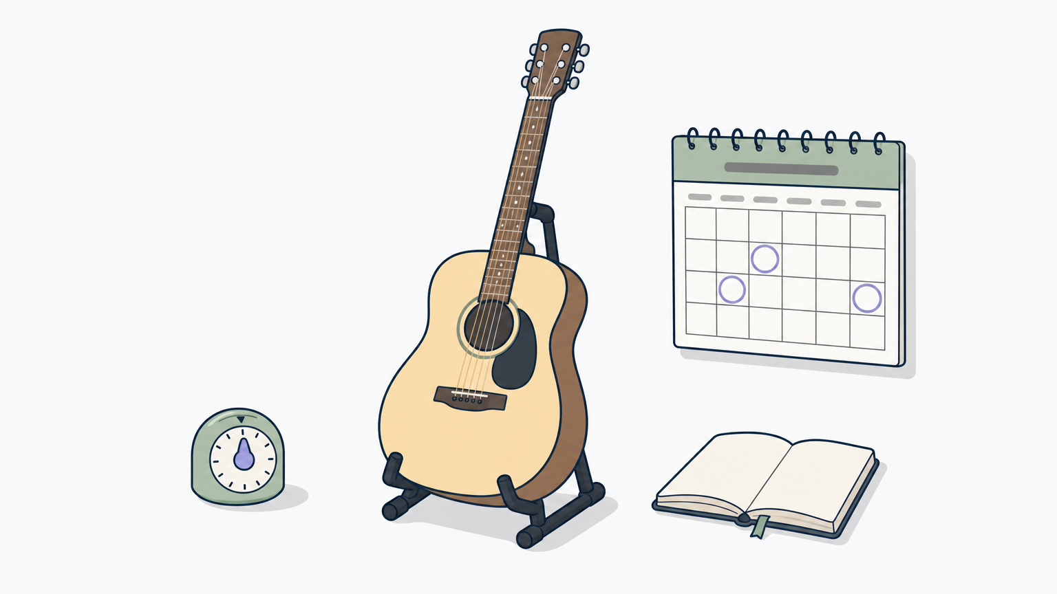 Acoustic guitar on a stand next to a marked calendar, kitchen timer, and open notebook.