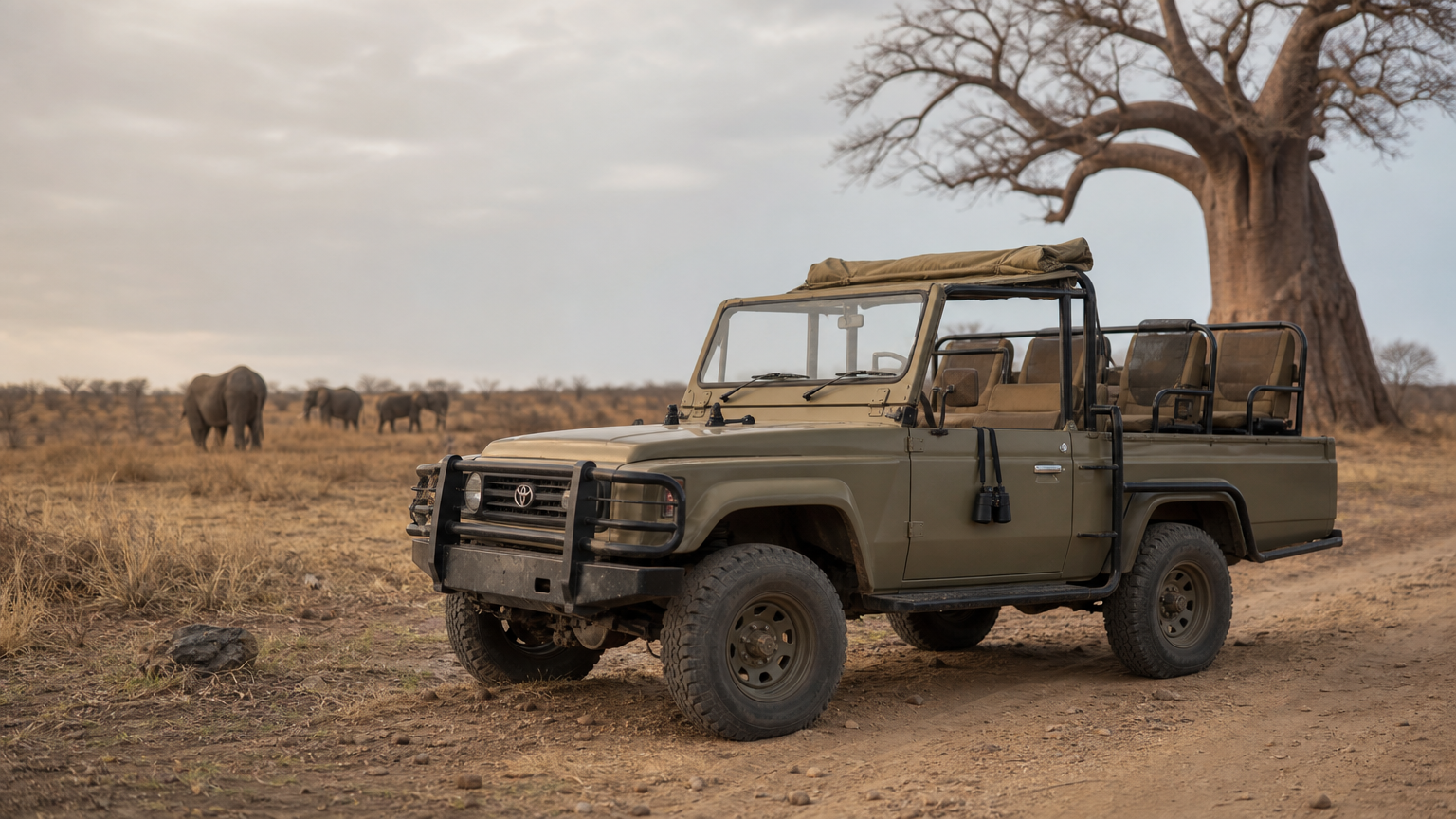 Open-roof safari vehicle beside a baobab tree with elephants in the distance.