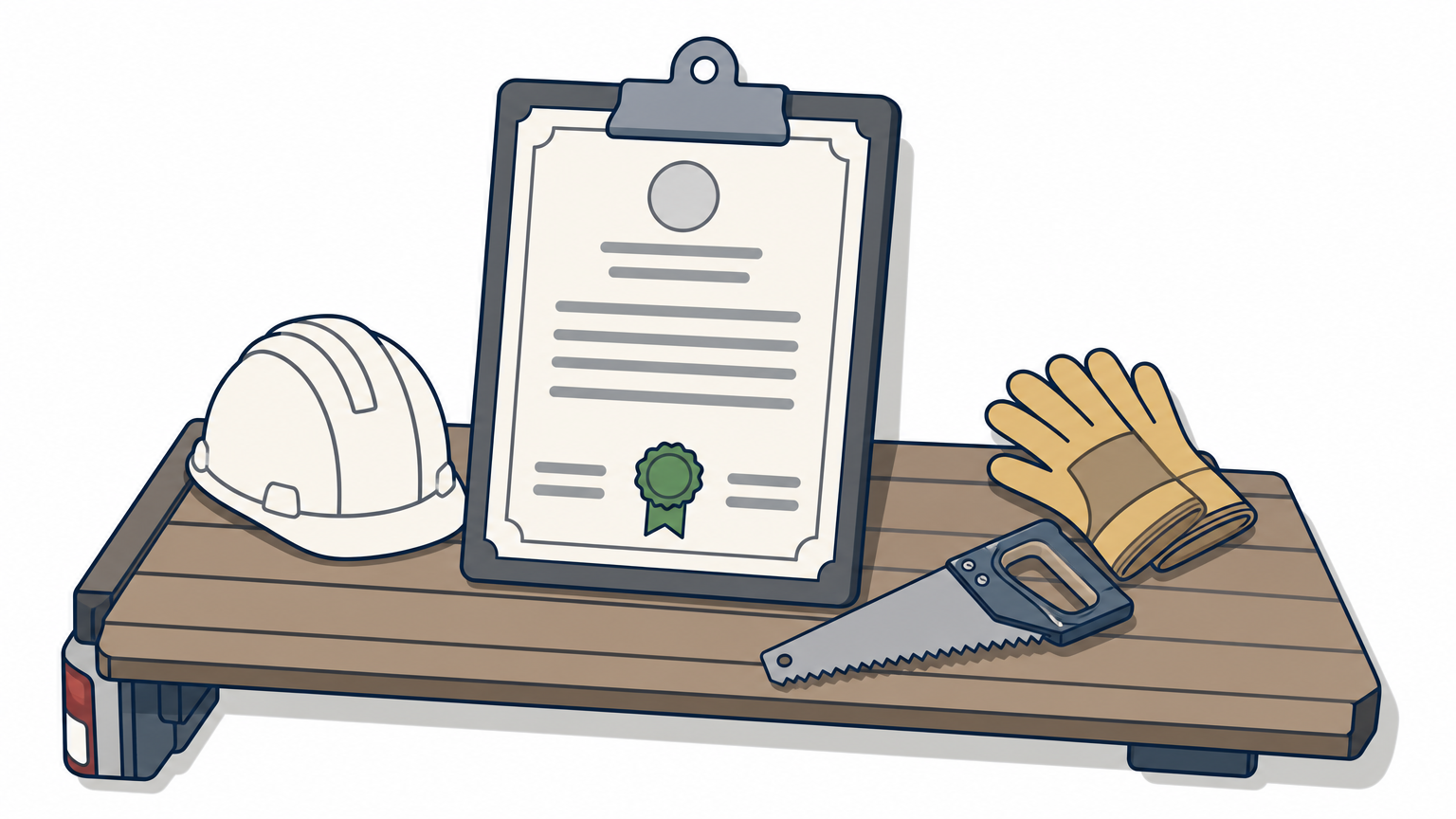Clipboard with a document on a truck tailgate beside a hard hat, gloves, and handsaw.