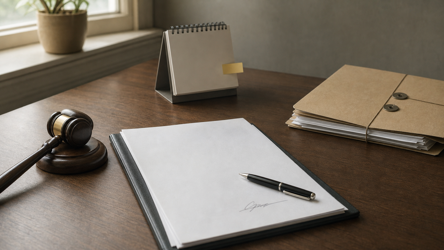 Desk with signed agreement, gavel, evidence folder, and calendar with a reminder flag.