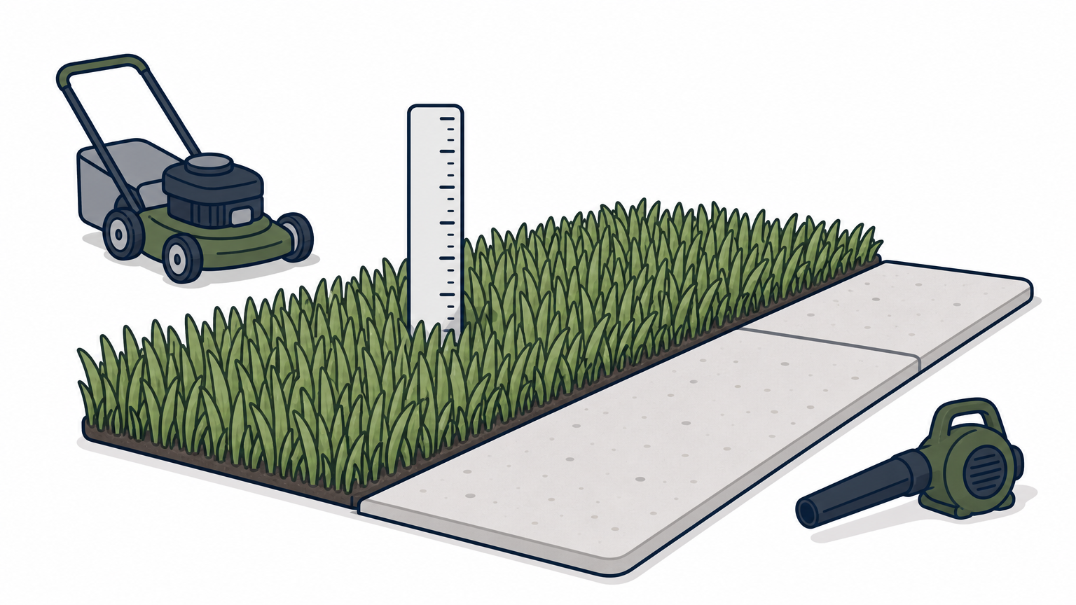 A ruler standing in neatly cut grass beside a clean concrete walkway with crisp edges.