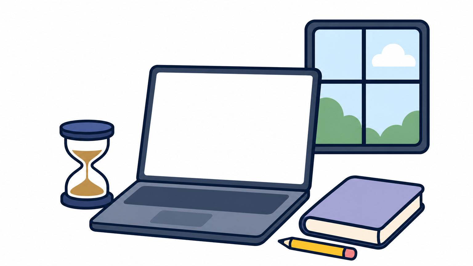 A desk with a laptop, hourglass, and notebook where an online lesson is scheduled.