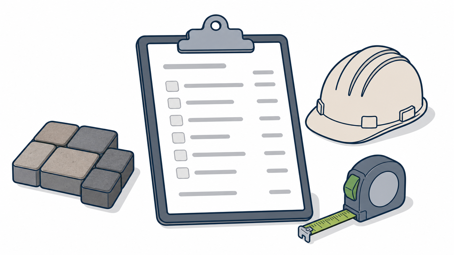 Clipboard with an itemized quote resting beside a paver sample, tape measure and hard hat.