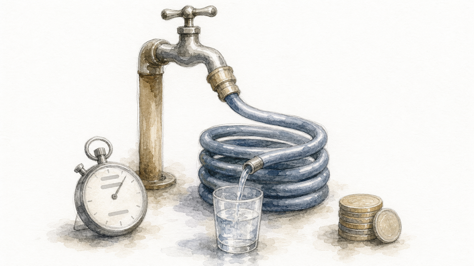 A tap feeding a small glass through a long coiled pipe beside a stopwatch and coins.