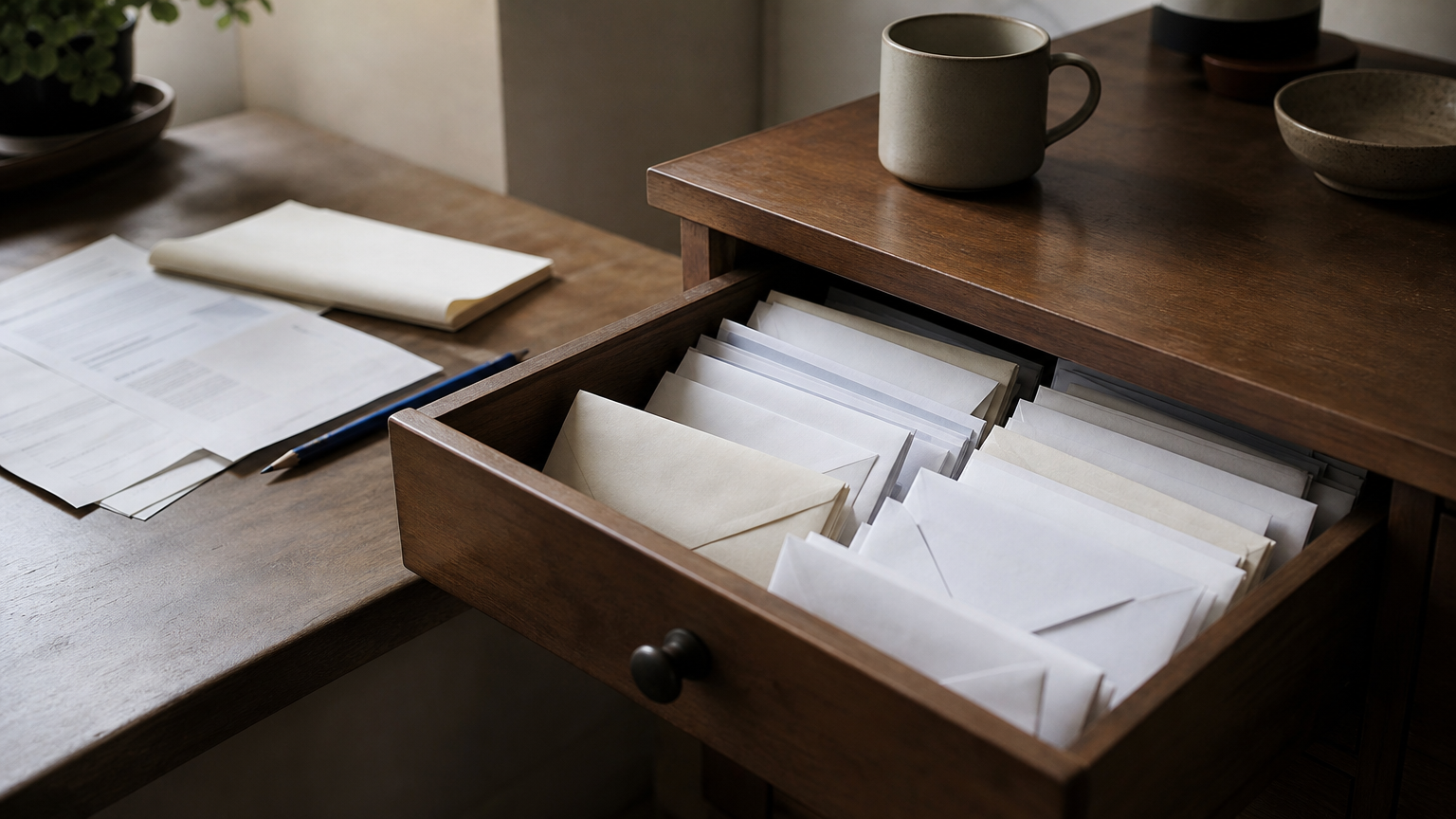 An open desk drawer stuffed with unopened envelopes beside opened statements, a pencil, and a notebook.