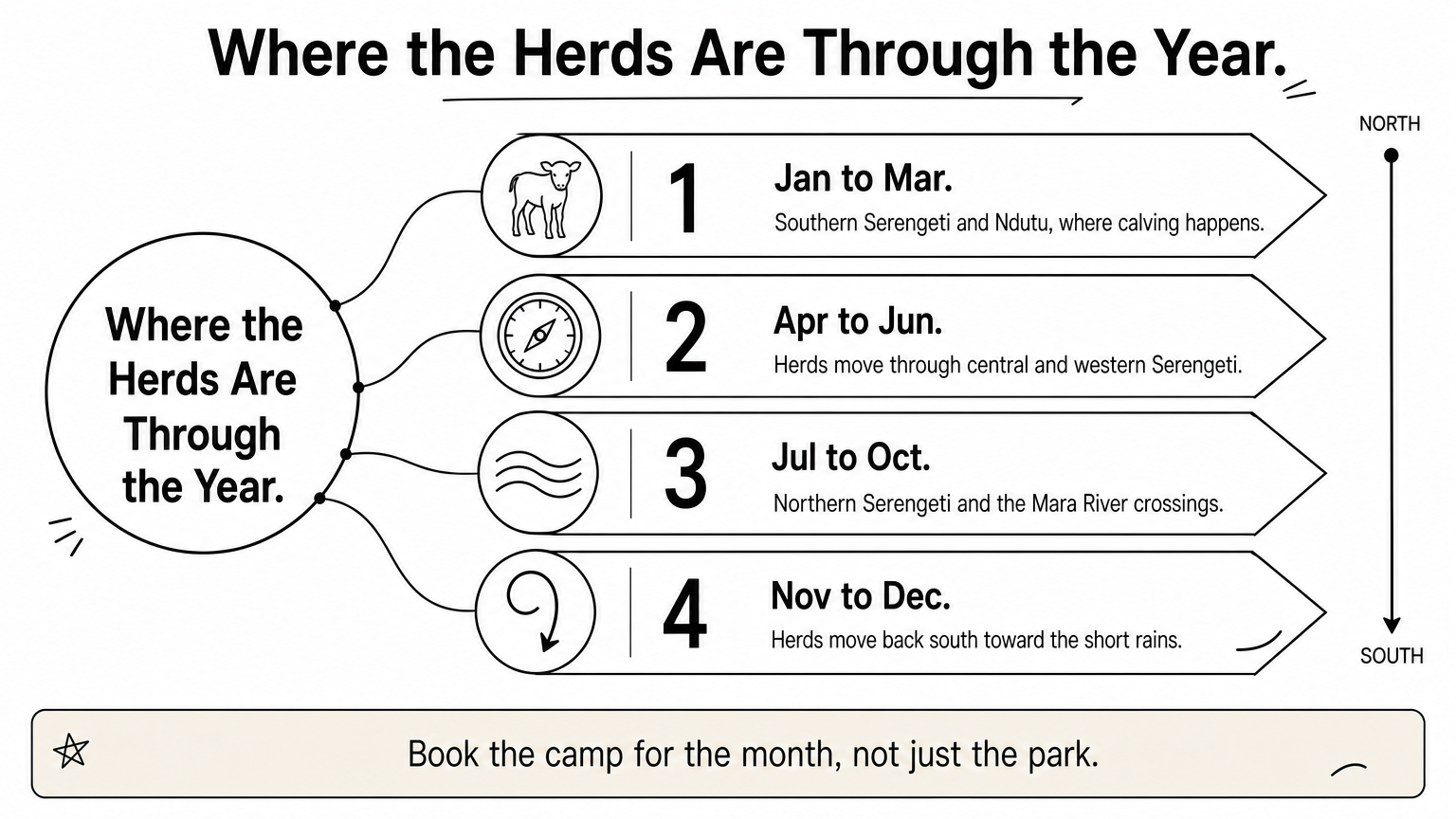 Infographic showing where the Great Migration herds are in each season.