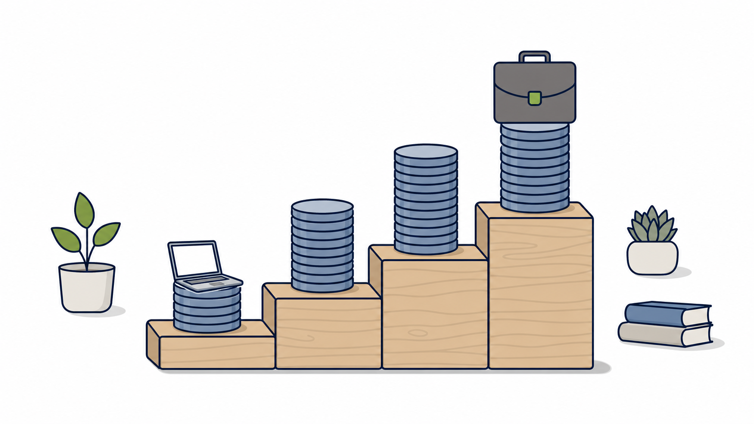 Four ascending steps with progressively taller coin stacks, a laptop on the lowest and a briefcase on the highest.