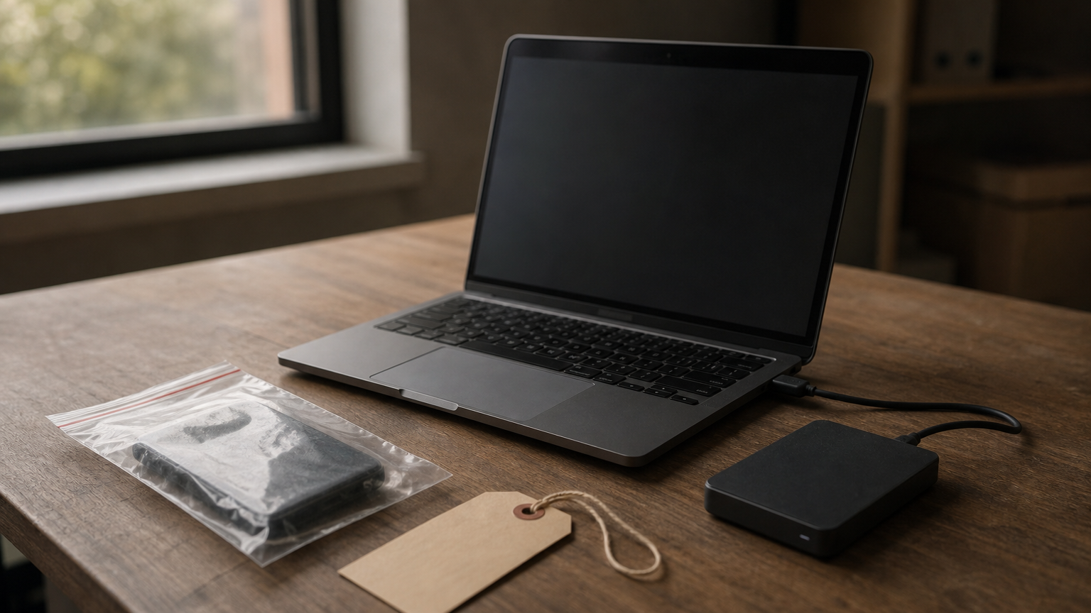 Laptop wired to an external drive beside a sealed evidence bag and a custody tag.