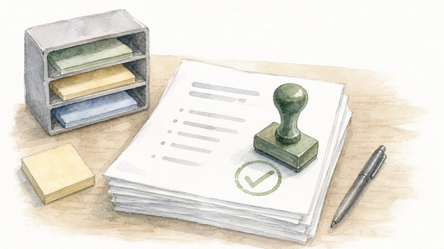 A desk with stacked request sheets, a checkmark stamp, and a three-slot sorting tray.