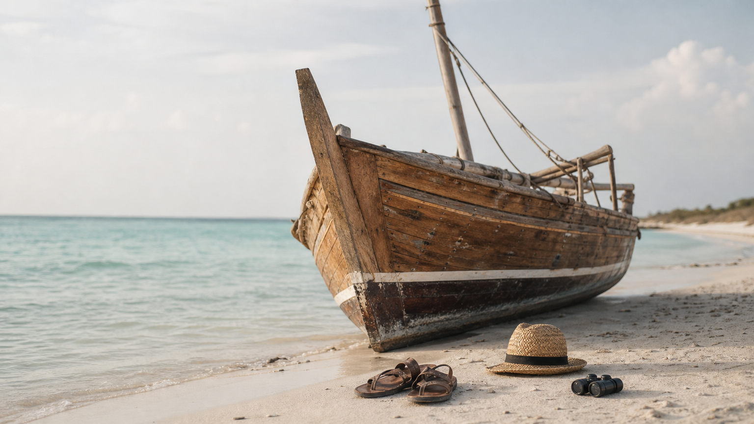 Wooden dhow on a white sand beach with a hat, sandals, and binoculars.