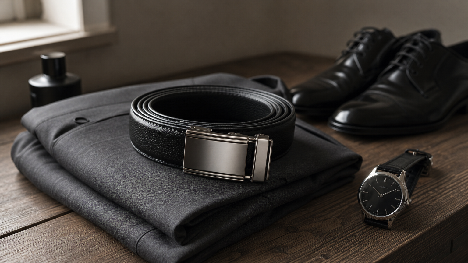 Ceinture noire enroulée à boucle argentée posée sur un costume plié, près de chaussures noires.