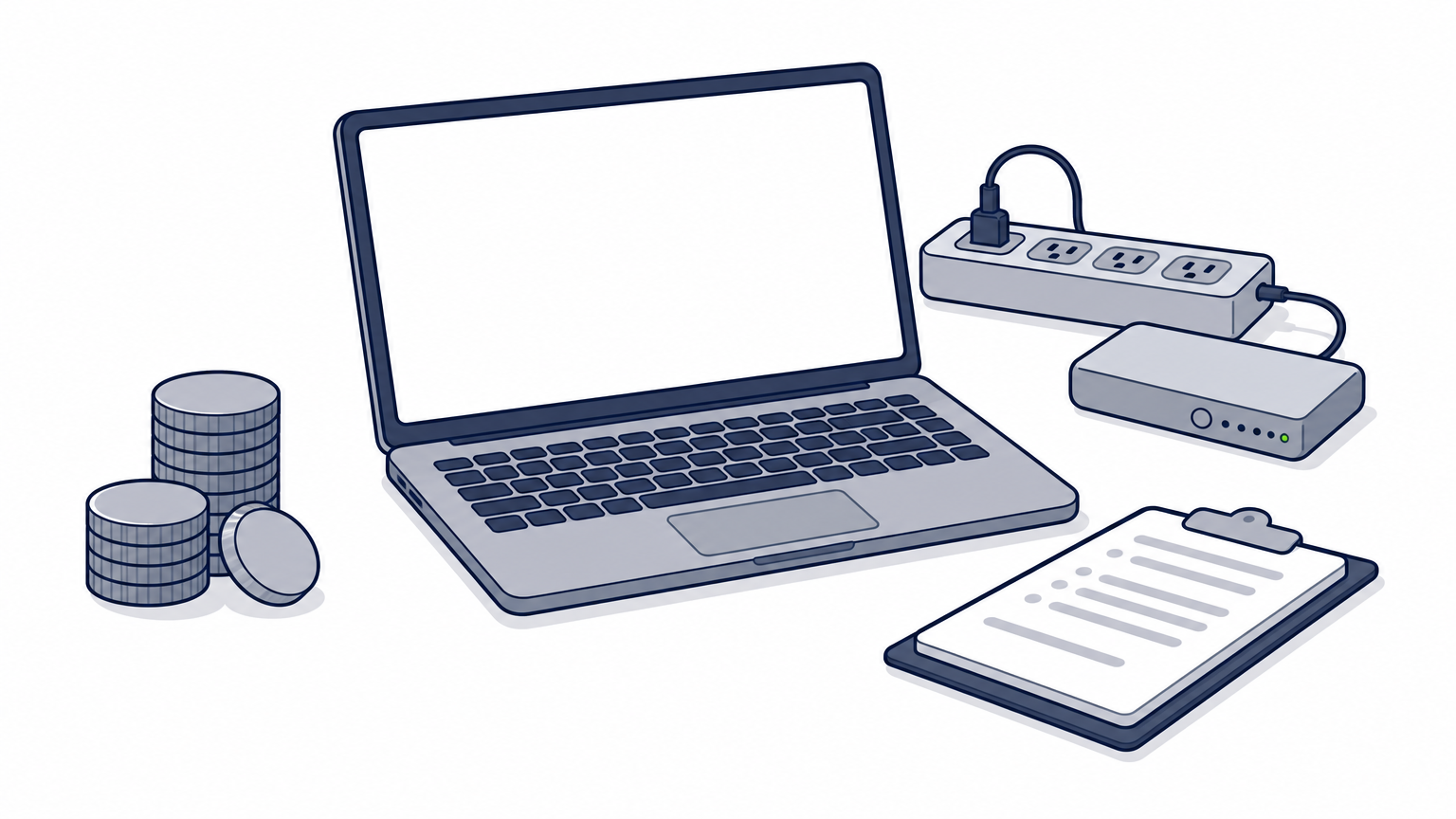 Desk with an open laptop, coin stack, power backup battery, and clipboard representing costs beyond salary.