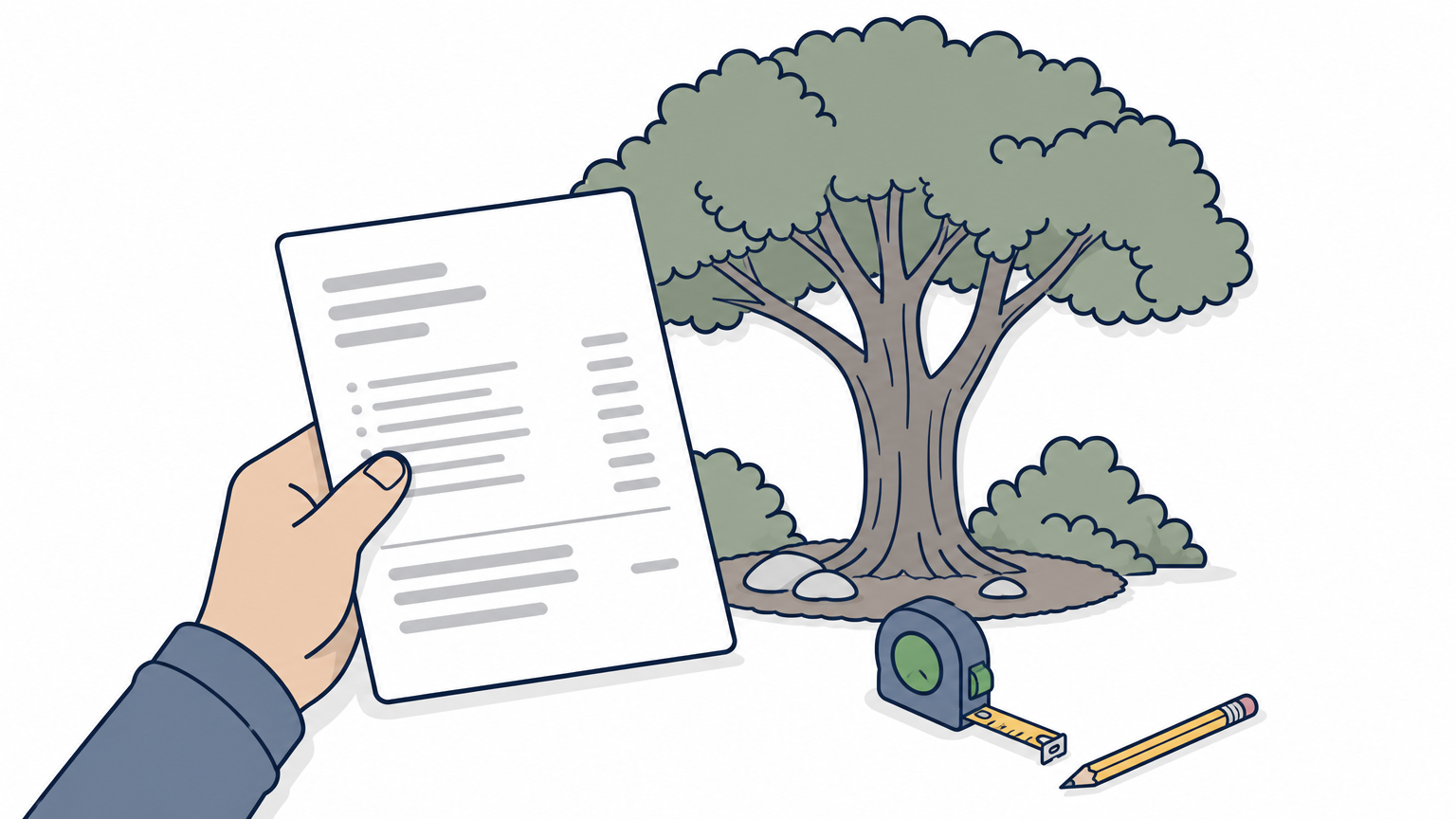 A hand holds a printed estimate next to a shade tree, with a tape measure and pencil nearby.