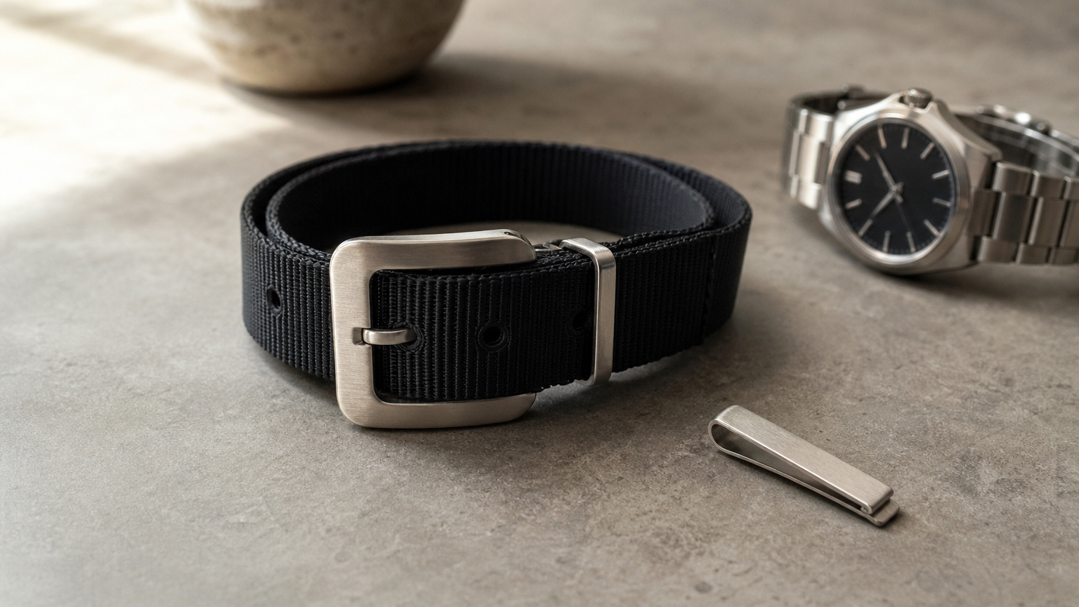 Boucle argentée brossée à côté d'une montre en acier et d'une pince à cravate.