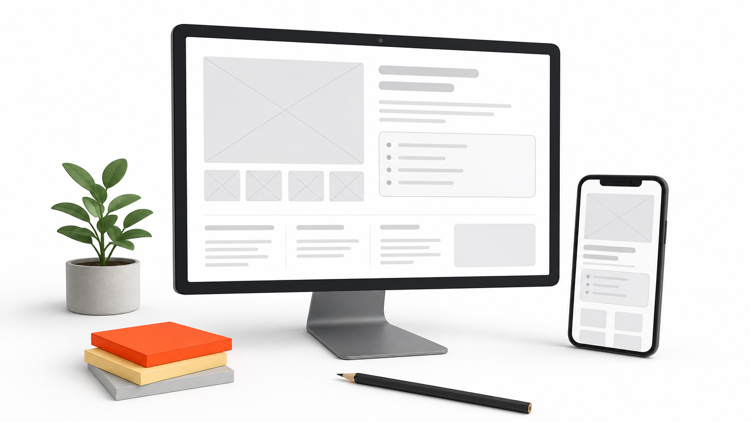 Desk with a monitor showing wireframe page designs, a phone mockup, a pencil, and sticky notes.