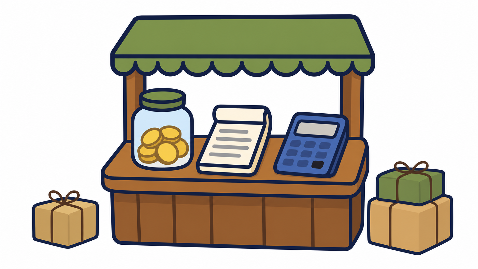 A small market stall counter with a coin jar, receipt pad, calculator and wrapped parcels.