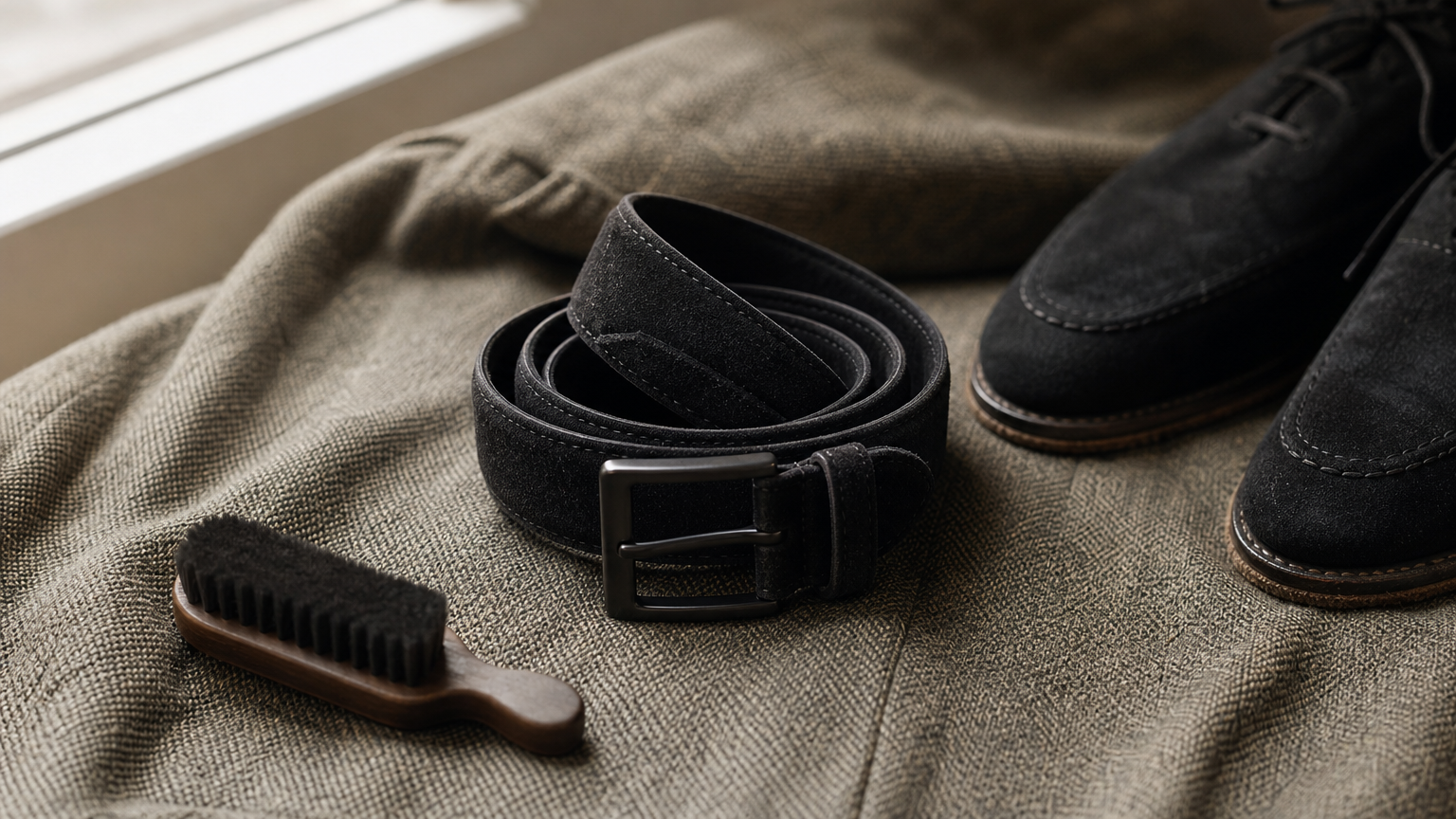 Ceinture en daim noir enroulée sur du tweed, avec une brosse à daim et des chaussures.