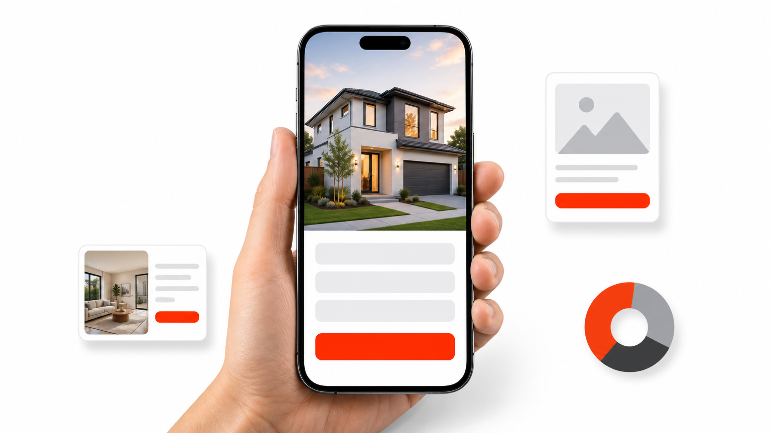 A hand holding a smartphone displaying a house photo, a short form, and a button.
