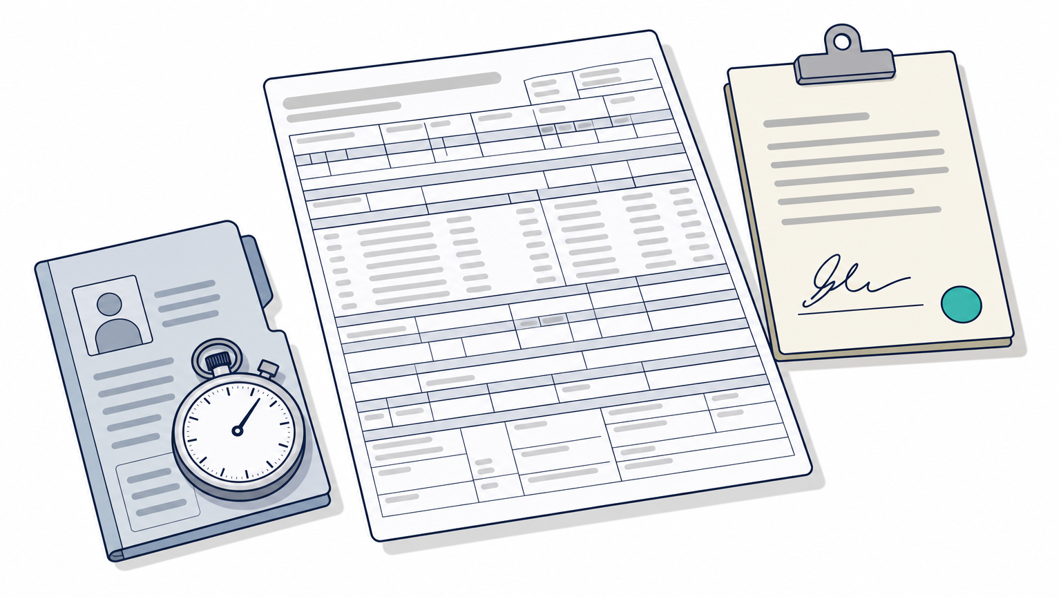 A paper claim form, signed physician certification, and stopwatch on a patient chart atop a desk.