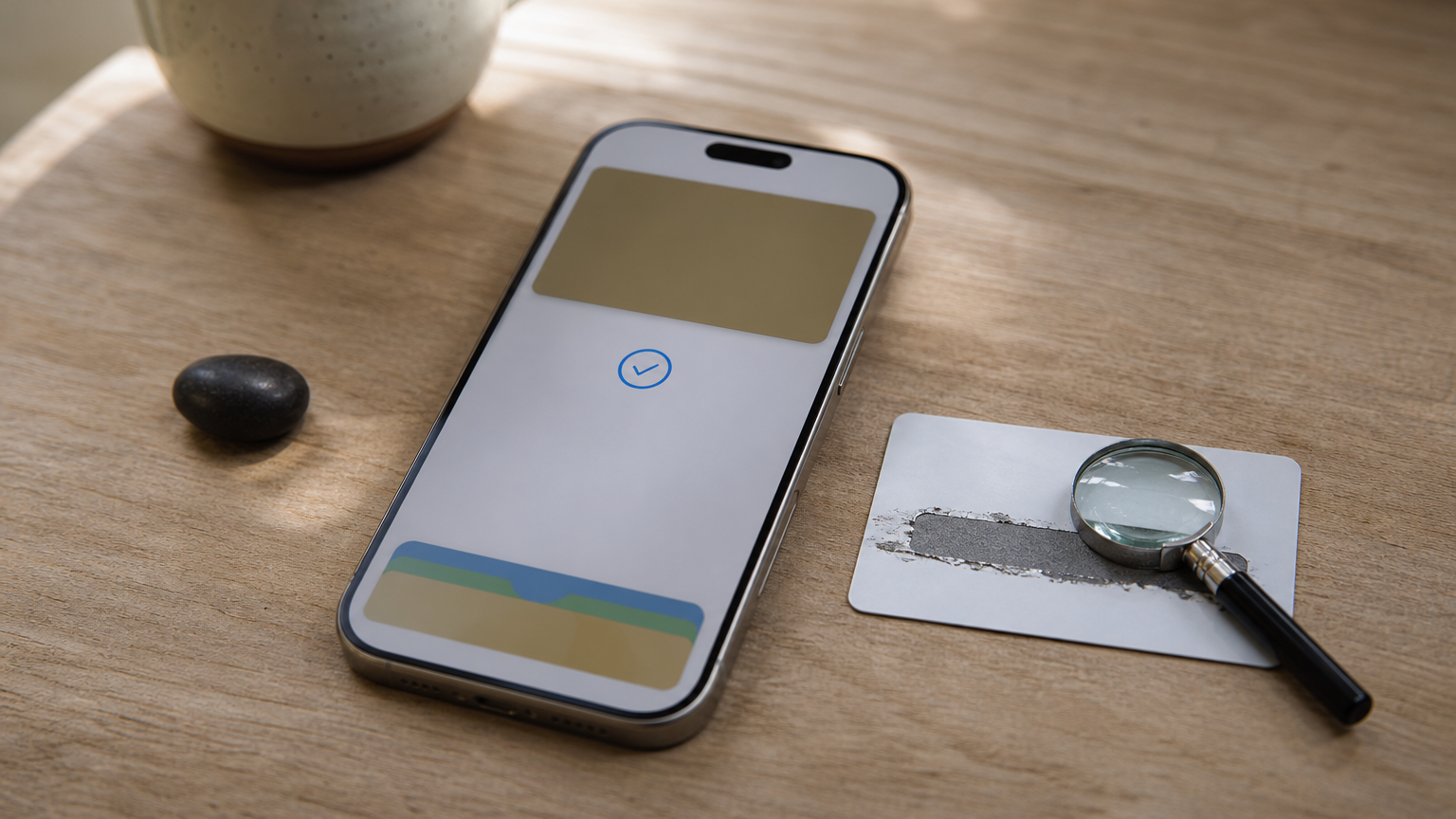 Smartphone with wallet payment screen beside a gift card and a magnifying glass.