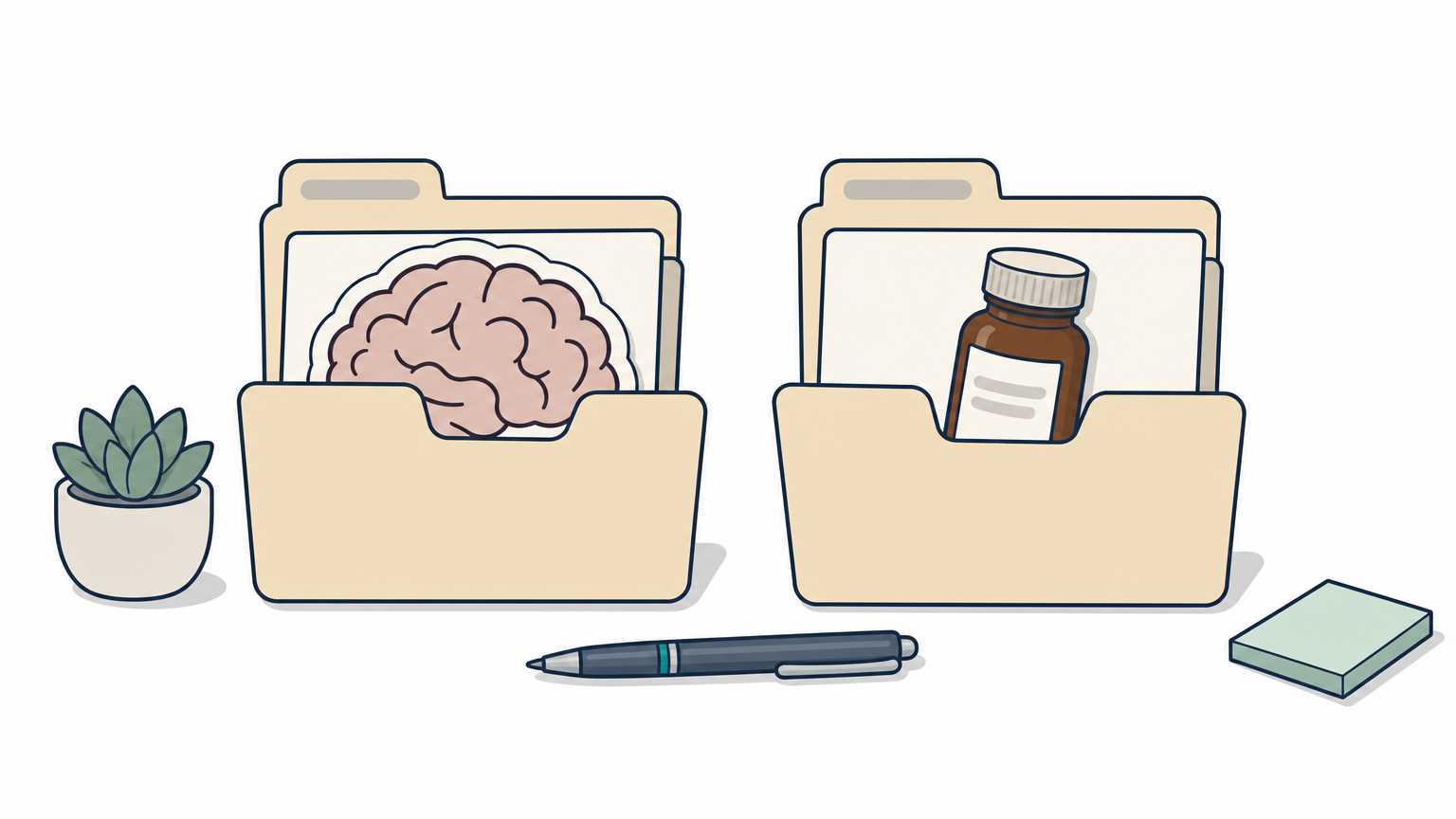 Two file folders side by side, one with a brain cutout and one with a medicine bottle.