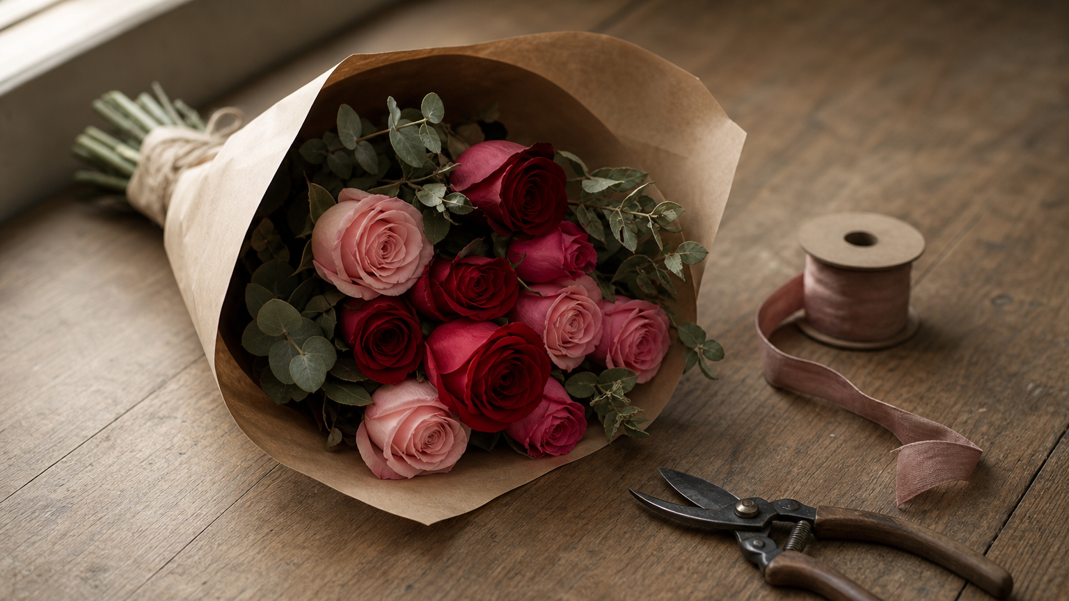 Bouquet of red and pink roses in kraft paper beside shears and a ribbon spool.