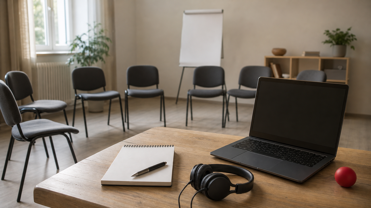 Stuhlkreis im Seminarraum neben einem Laptop mit Videokurs, Headset und Notizblock.